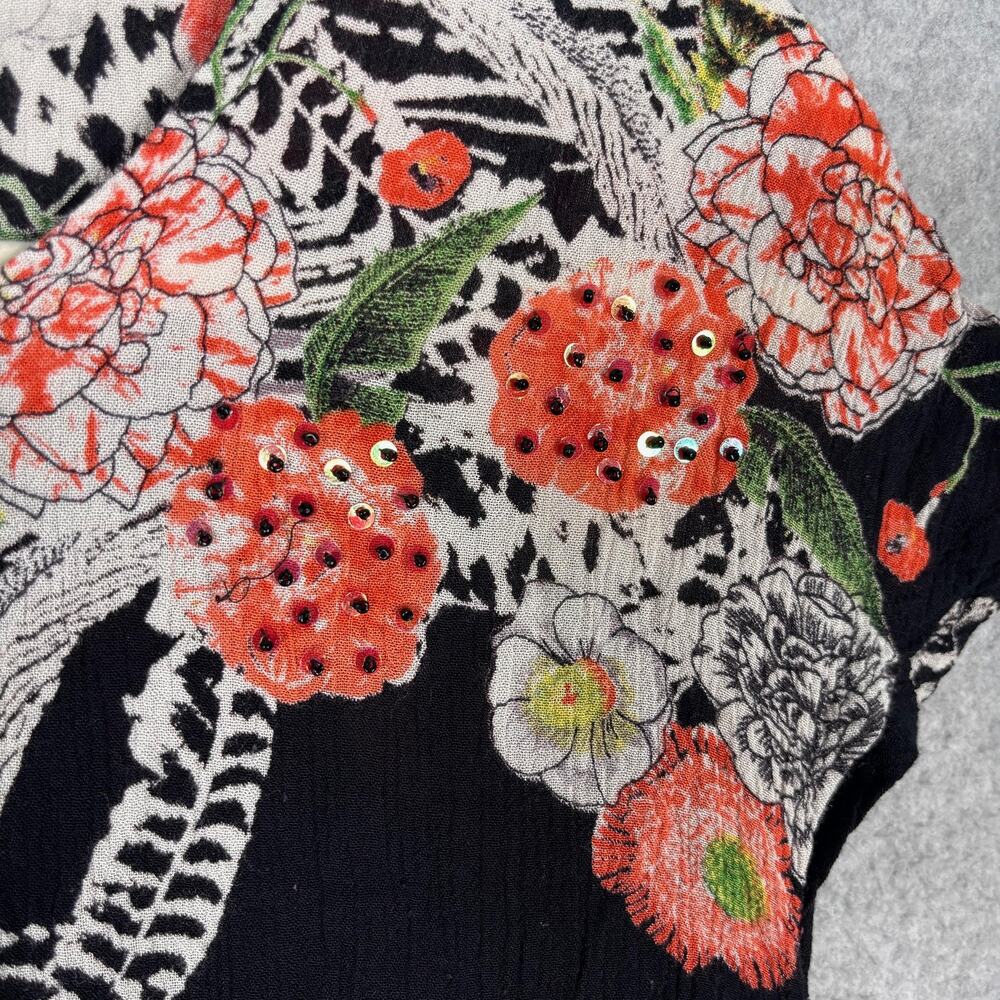 Womens Gauze Top Small Orange Green Floral Sequin Ruched Side Tie Resort Cruise - Picture 4 of 9